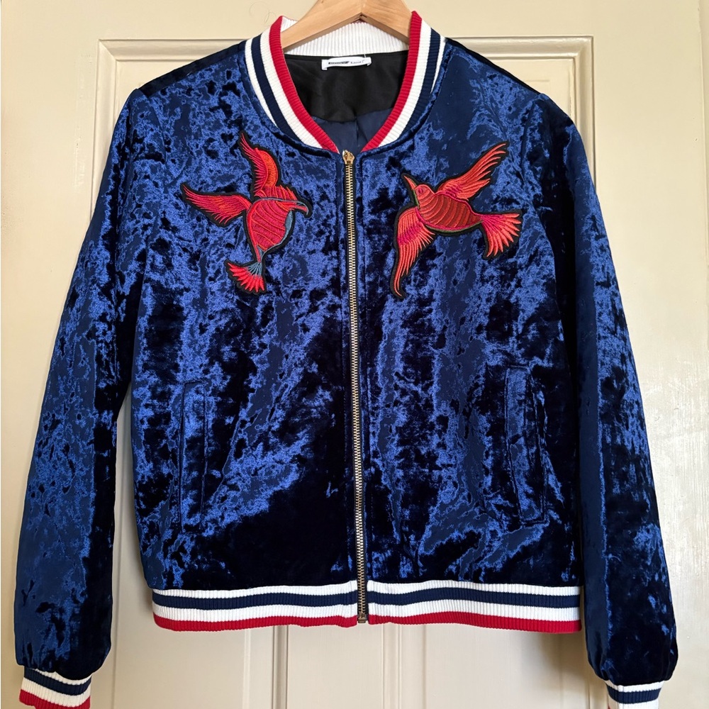 Blue Velvet Bomber Jacket with Bird Embroidery